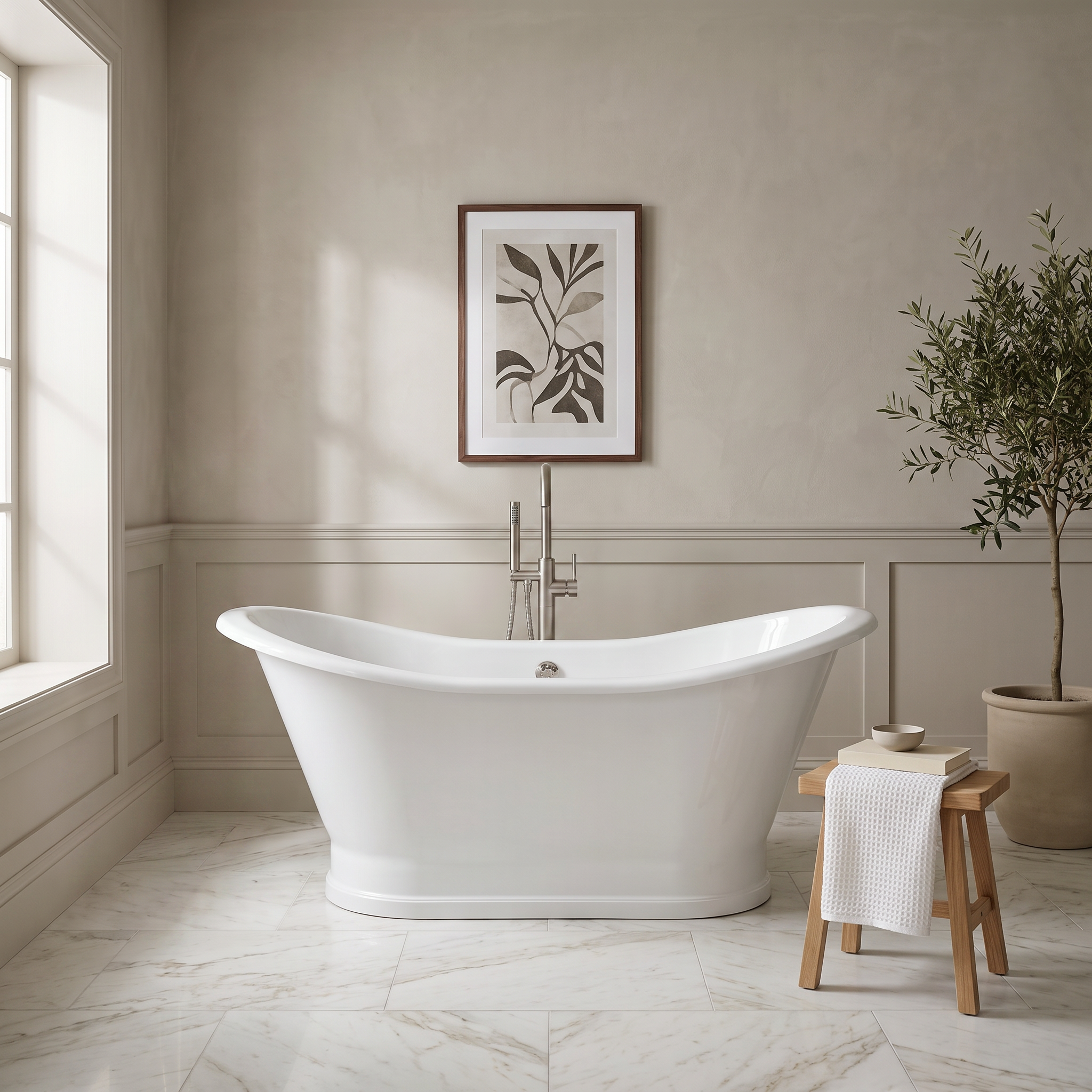 Cheviot Adare bathtub in a light-filled bathroom with natural stone and warm wood accents.